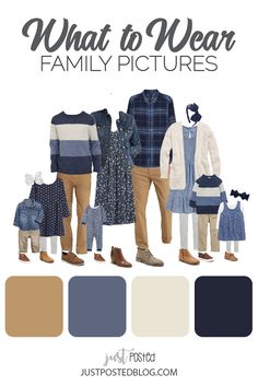 what to wear family pictures in blue and white colors, with text overlaying the image