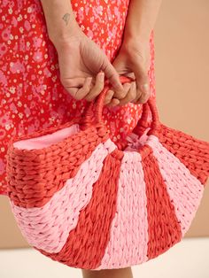 Lottie Stripe Paper Straw Bag in Red Pink Summer Cotton Beach Bag, Summer Pink Cotton Beach Bag, Pink Cotton Summer Beach Bag, Pink Cotton Beach Bag For Vacation, Pink Summer Beach Bag For Poolside, Casual Pink Beach Bag For Poolside, Eco-friendly Pink Cotton Beach Bag, Red Cotton Bag For Summer, Casual Pink Poolside Bag