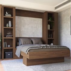 a large bed sitting in the middle of a bedroom next to a book shelf filled with books