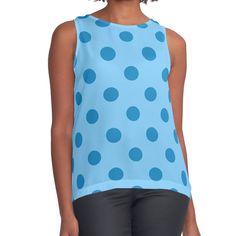 Women's sleeveless tank with vivid edge-to-edge sublimation print on front. Spliced materials for comfort. Front panel made from silky chiffon and solid color black or white jersey back. Sizes available XS- 2XL. I like big dots and I cannot lie! Huge Ocean Blue polka dots on Sky Blue- Go dotty for summer! Blue Printed Sleeveless Top, Polka Dot Sleeveless Tank Top, White Jersey, Blue Polka Dots, Polka Dot Pattern, Ocean Blue, Sleeveless Tank, Blue Ocean, Color Patterns