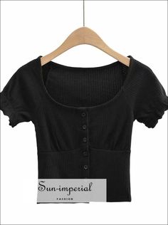 Women White Ribbed Round Scoop Neck Buttoned Short Sleeve T-shirt with Lettuce Trim detail Basic style Black Scoop Neck T-shirt For Fall, Black Ribbed Short Sleeve T-shirt, Trendy Black Scoop Neck Top, Black Scoop Neck Top For Spring, Trendy Ribbed Black Top, Casual Black Scoop Neck T-shirt, Imperial Fashion, Cotton Clothing, Summer Clothing