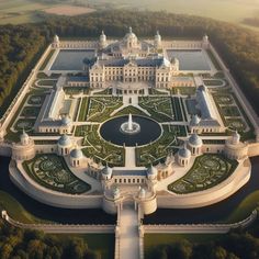 an aerial view of a large white building with gardens and fountains in the middle of it