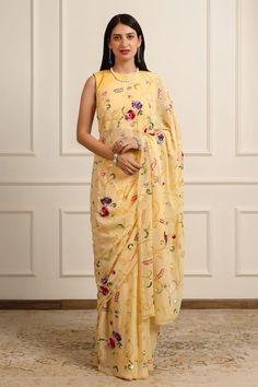 Mango yellow silk saree featuring floral embroidered with shell sequin. Comes with an unstitched blouse piece. - Aza Fashions Traditional Summer Pre-draped Saree With Zari Work, Yellow Chikankari Embroidered Dupatta For Reception, Yellow Chikankari Embroidery Dupatta For Reception, Yellow Embroidered Pre-draped Saree For Reception, Yellow Tissue Silk Pre-draped Saree With Dori Work, Yellow Traditional Wear With Chikankari Embroidery For Reception, Yellow Semi-stitched Blouse Piece With Intricate Embroidery, Semi-stitched Yellow Blouse Piece With Intricate Embroidery, Yellow Chikankari Embroidery Saree For Reception