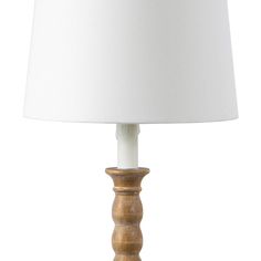 a wooden table lamp with a white shade on the top and bottom part of it