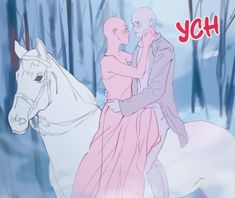 a man riding on the back of a white horse next to a woman in a pink dress