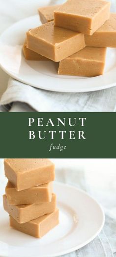 four pieces of peanut butter fudge stacked on top of each other with the title above it