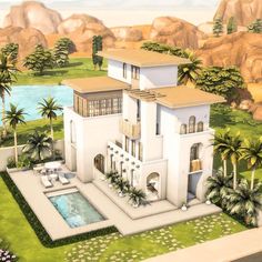 an artist's rendering of a house in the middle of palm trees and water