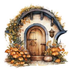 a watercolor painting of an entrance to a house with pumpkins and gourds