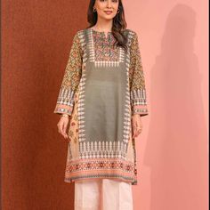 Printed Shirt Shirtround Neckline With Slit, Buttons Attachment At Sleeves Edges, Straight Shirtfabric: Lawncolor: Green Khaadi Kurti Designs, Pakistani Design, Dress Stitching, Dresses Pakistani, Nishat Linen, Suit Green, Pakistani Women Dresses, Women Dress Collection, Short Kurta