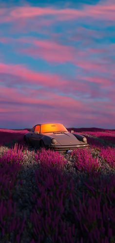 an old car is parked in the middle of a field with purple flowers at sunset