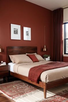 a bed room with a neatly made bed and red walls