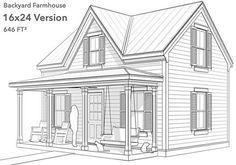 a drawing of the back side of a house with windows and porches on each floor