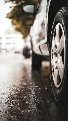 the tire of a car on a rainy day