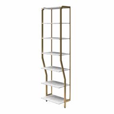 a white and gold shelving unit with four shelves