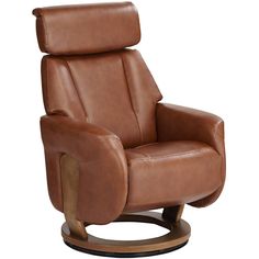 a brown leather recliner chair with wooden legs and armrests on a white background