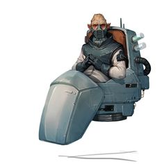 a man in a space suit sitting on top of a futuristic vehicle with an arm extended