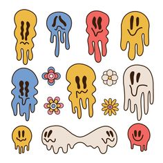 various colored cartoon skulls with faces and flowers