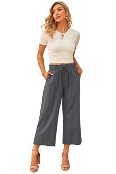 Gray Paperbag Waist Straight Leg Cropped Pants Gray High-waisted Wide Leg Summer Pants, Gray High-waisted Wide Leg Pants For Summer, Casual Wide Leg Pants With Pockets For Day Out, Casual Paperbag Waist Pants With Elastic Band, Casual Summer Wide Leg Pants With Paperbag Waist, Casual Pants With Elastic Paperbag Waist, Casual Pants With Paperbag Waist And Elastic Waistband, Spring Gray Wide Leg Pants With Pockets, Casual Pants With Paperbag Waist And Elastic Band