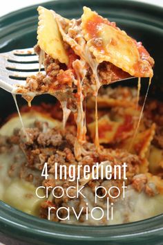 a close up of food in a crock pot with the words, 4 ingredient crock pot ravioli