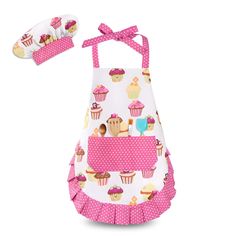 a pink and white apron with cupcakes on it, two matching mitts