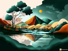 an abstract landscape with mountains, trees and water