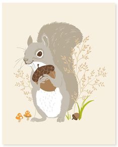 a squirrel holding an acorn in its paws, with mushrooms and grass around it