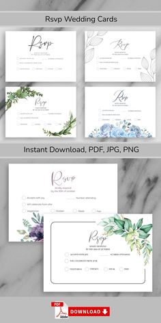 wedding cards with watercolor flowers and greenery on them