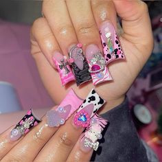 Nails With A Lot Of Charms, Long Acrylic Nails Coffin, Bling Acrylic Nails