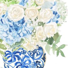 a painting of blue and white flowers in a vase