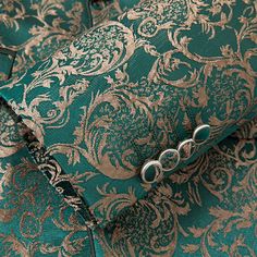 Fabric Material: 80% Polyester 20% Viscose Design One Button & Shawl Collar Package 1*Top-clothes + 1*Vest + 1*Pants Occasion Prom / Dinner / Red Carpet / Party / Wedding Embrace the glamour of a bygone period and steal the show in this men's three-piece vintage style gold damask jacquard green suit. This finely constructed suit adds a contemporary touch while paying homage to the classic elegance of old clothing.The gorgeous gold damask jacquard design that elegantly covers the lush green fabri Green And Gold Suit Men, Damask Style For Men, Green And Gold Suit, Prom Dinner, Tuxedo Shirt Men, Button Shawl, Green Tuxedo, Gold Suit, Red Carpet Party