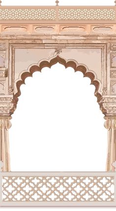 an ornate white arch with arches and columns on the sides, in front of a white background