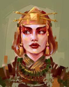 a digital painting of a woman with red hair and gold jewelry on her head, wearing a golden crown