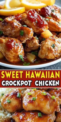 two pictures of sweet hawaiian crockpot chicken with lemon wedges on the side