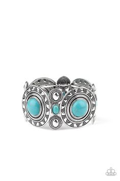 "Sunny Salutations" Bracelet: Stamped and studded in sunburst patterns, oversized silver discs dotted with refreshing turquoise stone centers join dainty silver frames flanking turquoise stone centers along stretchy bands around the wrist for a tribal inspired look.Sold as one individual bracelet. Silver Frames, Paparazzi Accessories, Stretchy Bracelets, Paparazzi Jewelry, Blue Bracelet, Boutique Jewelry, Turquoise Stone, Accessories Bracelets, Bracelet Designs