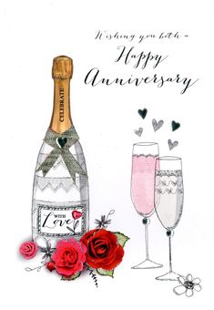 an anniversary card with two champagne glasses and roses