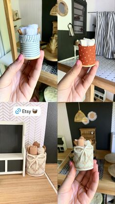 four different pictures of small objects in the shape of baskets