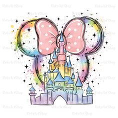 a drawing of a castle with a pink bow on it's head and stars in the background