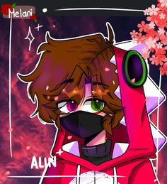 an anime character with green eyes wearing a red hoodie and holding a pink object