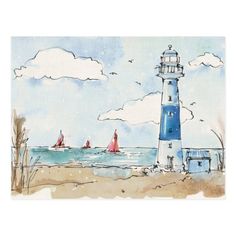 a watercolor painting of a lighthouse with sailboats in the ocean and clouds above it