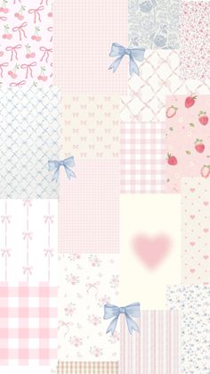 a patchwork pattern with hearts, flowers and bows on pinks and blue tones