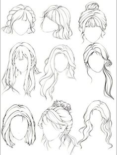 various hairstyles for girls with long hair and braids on them, all drawn in