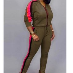 Set Long Sleeve Zipper Front Sporty Pink Pants For Fall, Wholesale Fashion, Green Fashion, Two Pieces, Front Zipper, Army Green, Fashion Casual, Pink And Green, Two Piece Pant Set