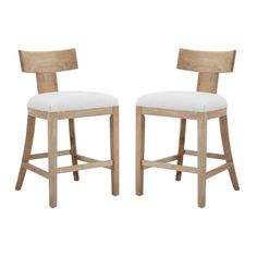 two wooden stools with white upholstered seat covers on each side and back