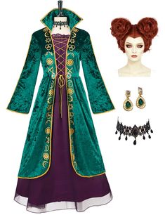 a green and purple dress with matching jewelry