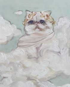 a painting of a white cat wearing a gold crown on top of it's head