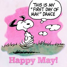 a cartoon character is saying happy may in front of a pink sky with clouds and the words,'this is my first day of may dance '