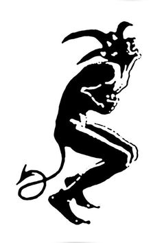 a black and white drawing of a demon running with scissors in his hand, on a white background