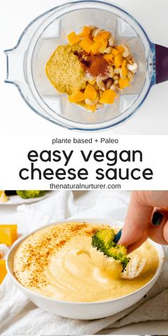 a person dipping cheese into a bowl with broccoli