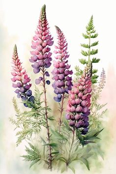 watercolor painting of pink and purple flowers