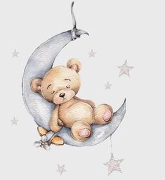 a watercolor painting of a teddy bear sitting on the moon with stars around it